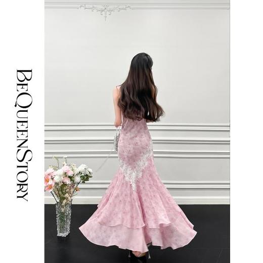 【孤品样衣，不退不换】【胭脂花落】轻奢原创手绘晕染印花荡领收腰吊带连衣裙 商品图3