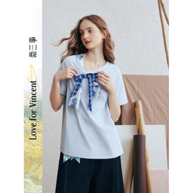 两三事梵高文艺 碧落晴空 2026春新款格子印花蝴蝶结v领短袖t恤女