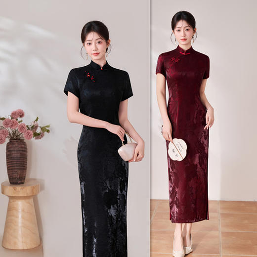 老上海长款改良版旗袍2026春夏新款中国风复古喜妈妈婚宴大码高端旗袍202639 商品图0