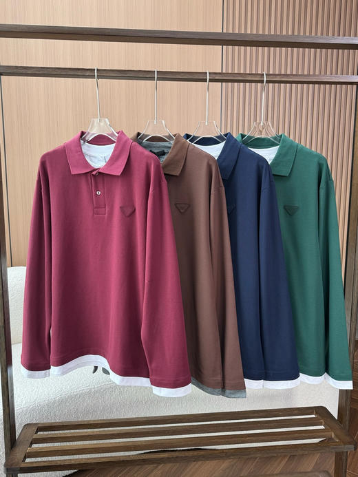 普啦达 26新品三角徽标装饰纯棉假两件长袖Polo衫T恤 商品图9