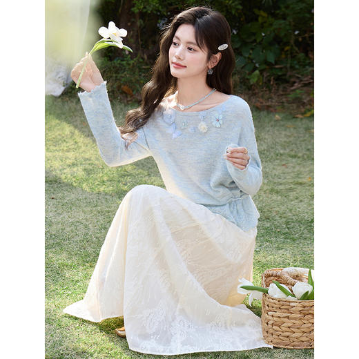 鹿向南「雾蓝花信」法式气质蓝色针织衫女春季高级慵懒感罩衫上衣 商品图2