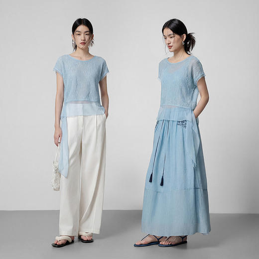 【林栖设计小店】流水潺潺|浅兰色镂空肌理飞片拼接2026夏新款毛织上衣1962173 商品图9