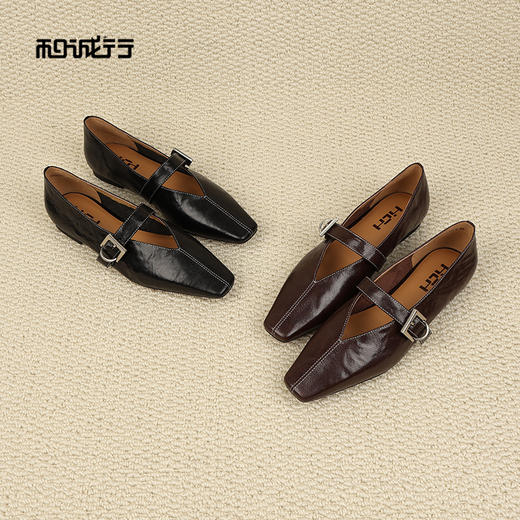 和诚行2026春季新款一字扣带复古软底设计感真皮平跟单鞋0400271 商品图0