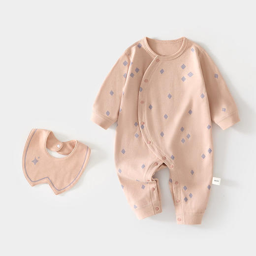 婴儿连体衣偏开宝宝新生儿无骨春秋纯棉哈衣送围嘴婴幼儿童装爬服 商品图3