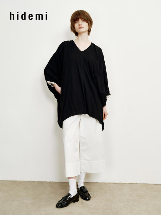 hidemi副线小h V领松弛廓形卷边长袖T恤连衣裙 商品图5