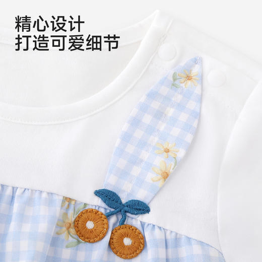 英氏儿童衣服女童夏季短袖T恤针织纯棉百搭格子圆领上衣假两件衣 商品图1