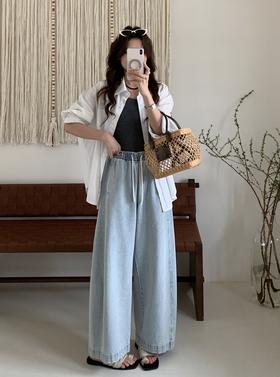 【多妈团购 汀蓝白牛随心裤 腿粗闭眼拍（预售10天发）】开春穿太合适了！九分裤长，清爽不拖沓，懒人抽绳松紧腰头设计，颜色自然又温柔，遮肉效果绝了-连横