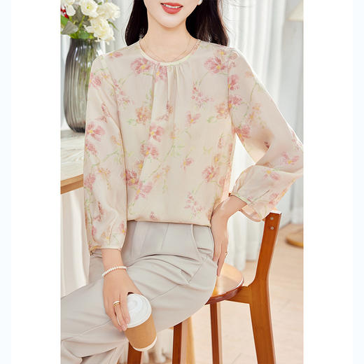 KQ-田园风法式浪漫碎花真丝衫温柔宽松衬衣氛围感桑蚕丝长袖衬衫圆领 商品图0