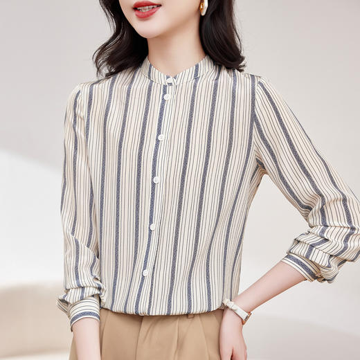 KQ-春季新款气质通勤真丝条纹衬衫长袖衬衣女士桑蚕丝设计感上衣小衫 商品图0