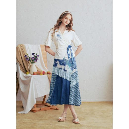 两三事梵高文艺 潮汐心绪 2025春季新款荷叶边拼接印花格子半身裙 商品图2