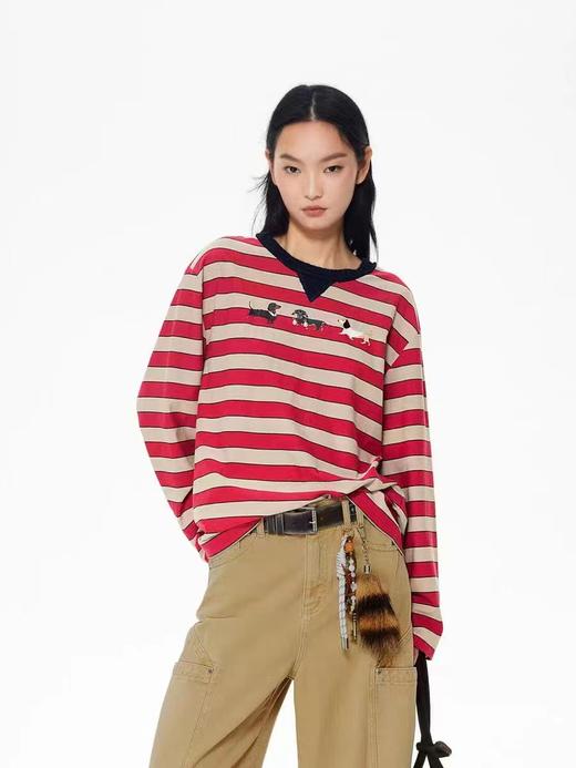 F022720设计师款复古萌趣红条纹上衣长袖T恤 商品图2