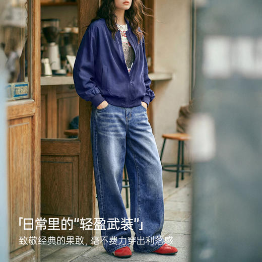马登深蓝色美式复古轻薄款飞行员夹克棒球立领休闲工装外套女士春 商品图4