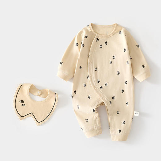 婴儿连体衣偏开宝宝新生儿无骨春秋纯棉哈衣送围嘴婴幼儿童装爬服 商品图1