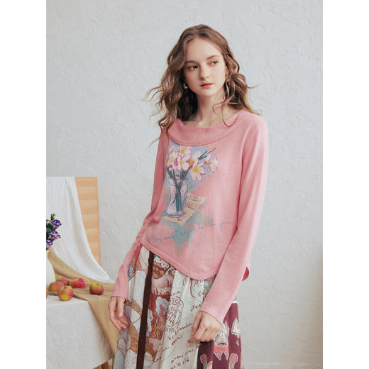 两三事梵高文艺暮春桃汛2026春季新款甜美印花不规则下摆针织衫女 商品图2