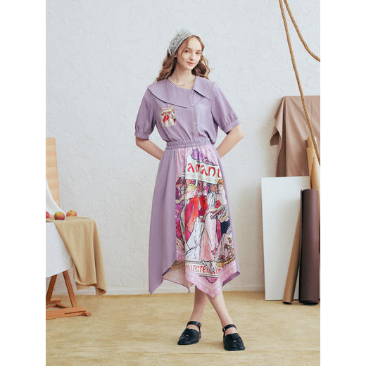 两三事 离岛电台 2026春季新款复古印花拼布不规则半身裙飘逸长裙 商品图1