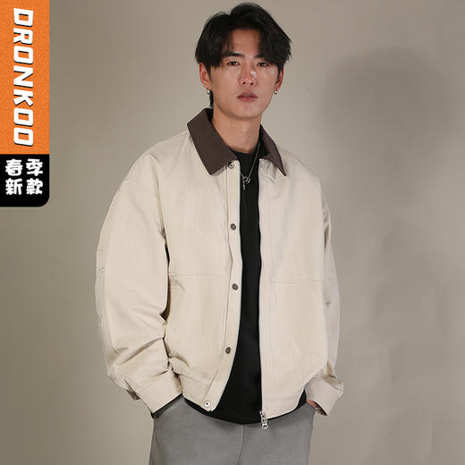 DRONKOO 2026 翻领撞毛织提花领前襟拉链钮扣薄夹克 商品图0