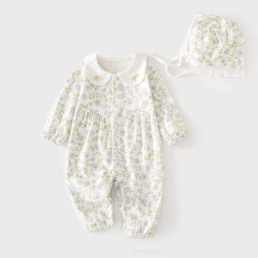 婴儿连体衣女宝宝新生儿无骨春秋纯棉哈衣送帽子婴幼儿童装爬服 商品图0