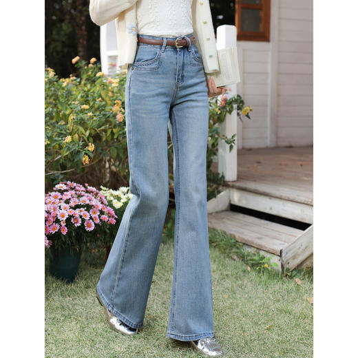 鹿向南「圣花云柔」蓝色牛仔裤女春季小个子修身微喇长款拖地裤 商品图2