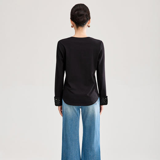 「高货wl」全新升级【铂金会员220/天猫289/差价69】(04702)洛诗琳气质长袖翻折亮片打底衫2026春季新款国风圆领衬衫 商品图2