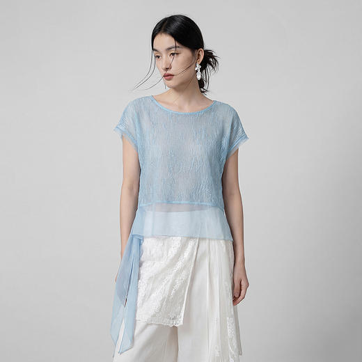 【林栖设计小店】流水潺潺|浅兰色镂空肌理飞片拼接2026夏新款毛织上衣1962173 商品图5