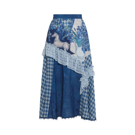 两三事梵高文艺 潮汐心绪 2025春季新款荷叶边拼接印花格子半身裙 商品图4