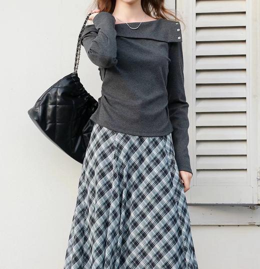 F022798春季新款长袖简约T恤套头上衣一字肩修身针织衫 商品图2