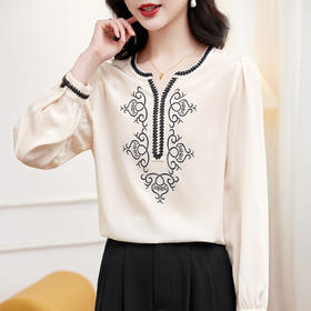 KQ-洋气减龄复古重工刺绣V领系带灯笼袖衬衫女宽松休闲百搭度假上衣