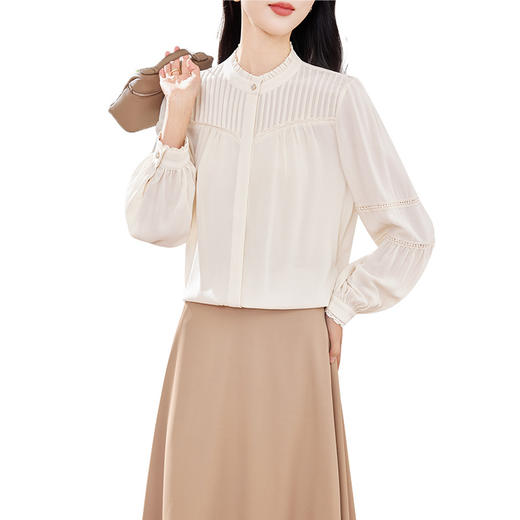 KQ-2026春季新款欧美风蕾丝细褶桑蚕丝长袖衬衫纯色设计感灯笼袖上衣 商品图4
