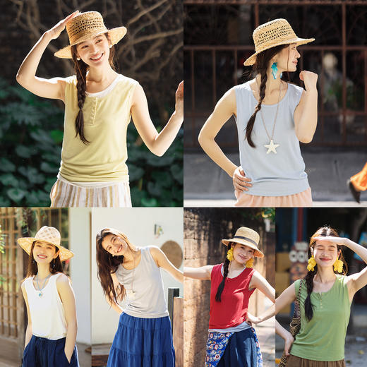 特绽放135-136朵/天丝亚麻圆领半开襟系扣背心叠穿新款百搭打底吊带 商品图0
