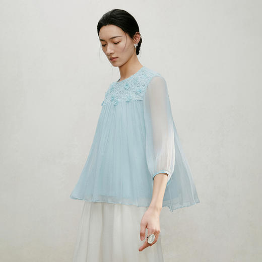 【林栖设计小店】手工钉花|优雅多色刺绣蕾丝镂空百褶2026夏新款真丝衫1962138 商品图8