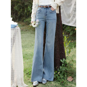 鹿向南「圣花云柔」蓝色牛仔裤女春季小个子修身微喇长款拖地裤