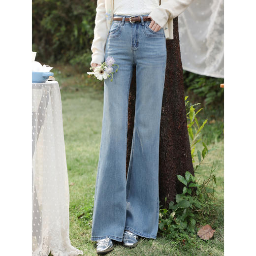 鹿向南「圣花云柔」蓝色牛仔裤女春季小个子修身微喇长款拖地裤 商品图0