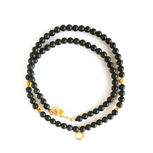 【天然正品】AU750黄金镶天然新疆料细腻塔青约6.3MM和田玉珠串手链项链两用款 链长：59CM（皆取最大值）140126NJS07 商品图0