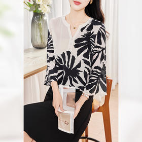 KQ-2026年春季欧美大码时尚日常通勤休闲夏季V领五分袖印花百搭衬衫