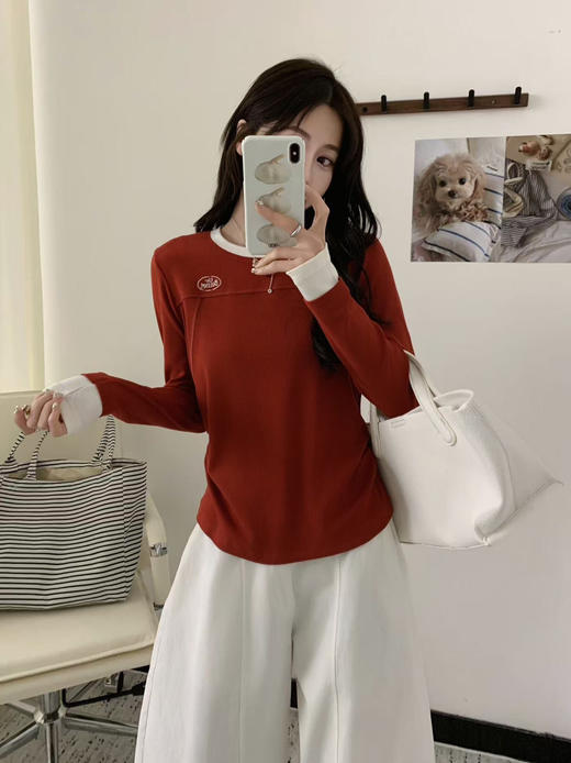 the ba*撞色拼接修身抽褶长袖T恤 商品图2