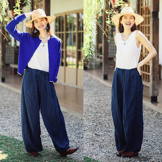 绽放117朵/色织亚麻半腰松紧系带结构感脚口收橡筋长裤新款休闲裤 商品图3