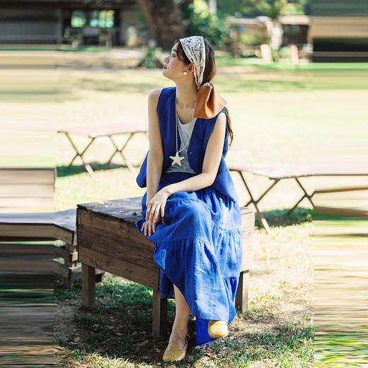 绽放126朵/粗砂亚麻V领开襟系扣马甲女新款外搭叠穿无袖上衣外套 商品图3