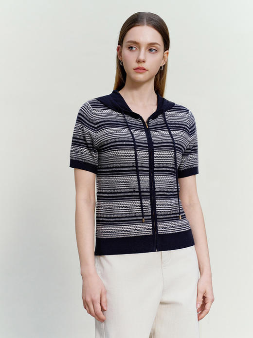 【连帽款短袖针织条纹开衫】2026春夏新品女士条纹撞色薄款针织开衫小外套 商品图0