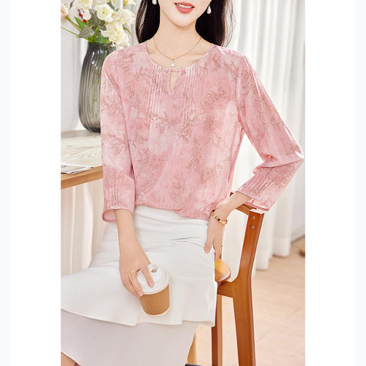 KQ-2026新九分袖T恤印花上衣春夏新款洋气小衫中老年气质衬衣桑蚕丝 商品图0