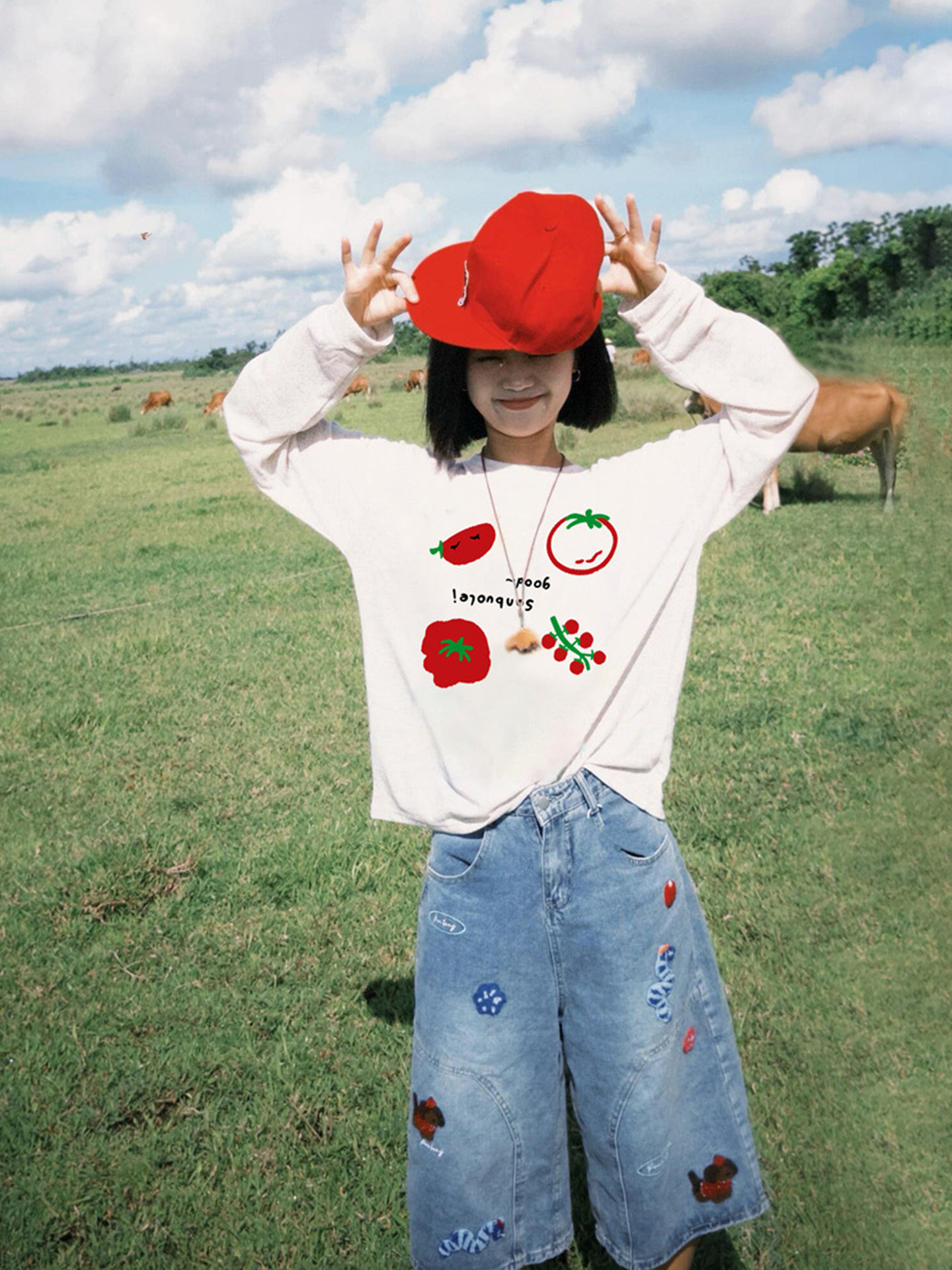 【YW】无忧购韩系Ins风女款可爱百搭卡通字母印花长袖t恤（截单后7天发货)