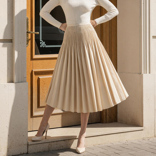 「自」全新升级【铂金会员183/天猫239/差价56】(12953)洛诗琳气质褶皱半身裙2026春夏新款大摆显瘦中长百褶裙女 商品图0