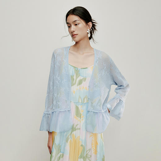 【林栖设计小店】流水潺潺|优雅多色镂空肌理拼荷叶边2026夏新款毛织外套1962172 商品图8