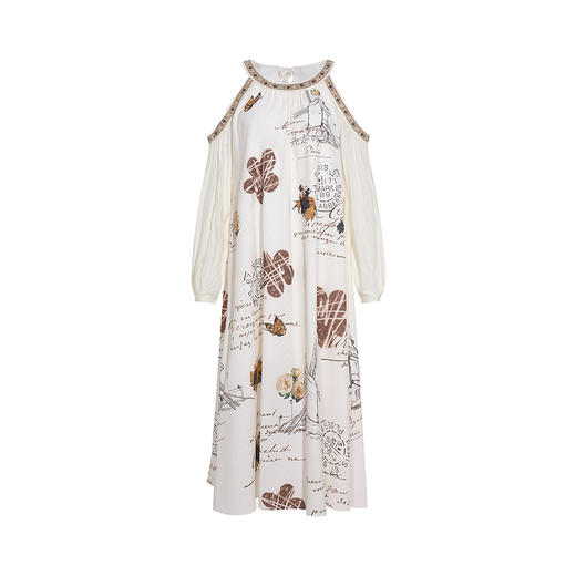 两三事梵高文艺 2026春季新款度假风织带拼接露肩印花连衣裙 商品图4