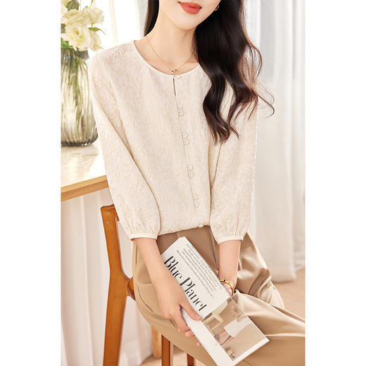 KQ-圆领法式七分袖衬衫女2026年新款韩版设计感桑蚕丝娃娃衫通勤衬衣 商品图0