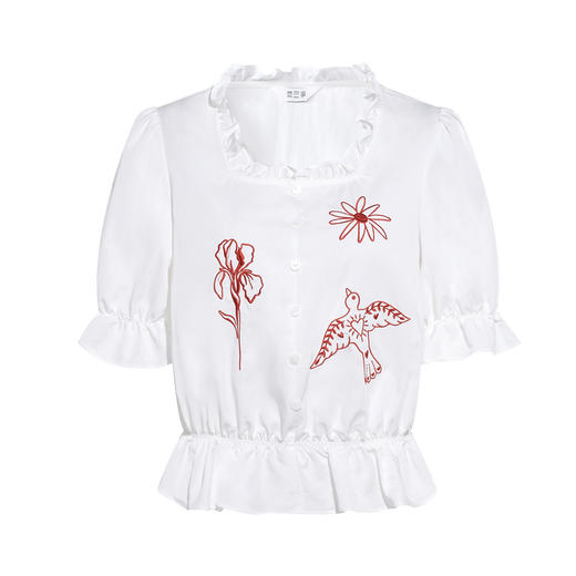 两三事 未寄诗篇 2026春季新款小清新木耳边方领刺绣泡泡袖衬衫女 商品图4