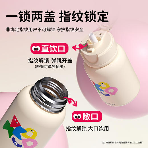 [屁侠推荐]天文儿童双饮口指纹保温杯 线上管理指纹 不锈钢背带学生水杯 450ml 商品图2