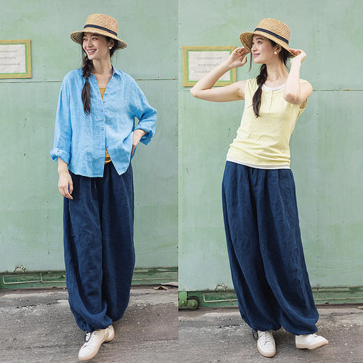 绽放117朵/色织亚麻半腰松紧系带结构感脚口收橡筋长裤新款休闲裤 商品图2