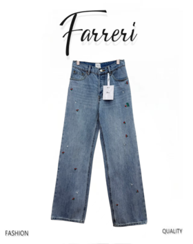 迪家 26年早春 新款刺绣字母牛仔直筒裤