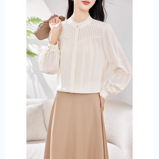 KQ-2026春季新款欧美风蕾丝细褶桑蚕丝长袖衬衫纯色设计感灯笼袖上衣 商品图3