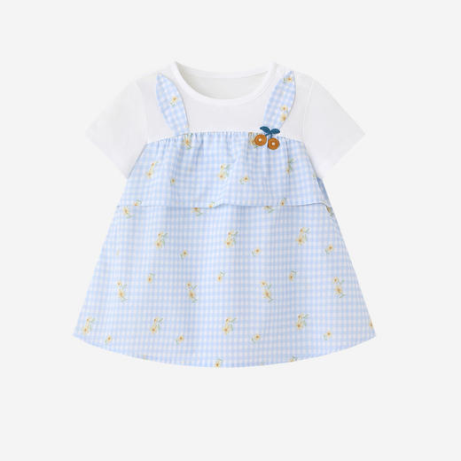 英氏儿童衣服女童夏季短袖T恤针织纯棉百搭格子圆领上衣假两件衣 商品图4